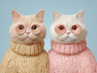 Cute cats wearing glasses in cozy sweaters indoor setting portrait photography charming and whimsical