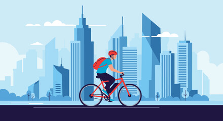 Urban commuter riding a bicycle through a modern city with tall skyscrapers under a clear blue sky in a flat vector style.
