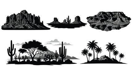 Desert landscape collection featuring rocky formations and cacti black silhouette © IMkM00i76