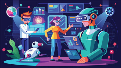 A robot and two people are engaged in a computer task, showcasing teamwork in a modern technological environment