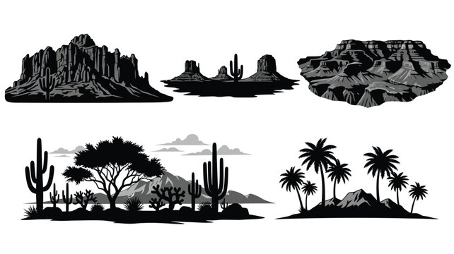 Desert landscape collection featuring rocky formations and cacti black silhouette