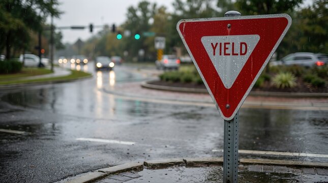 Yield road sign stands prominently in a rainy environment, surrounded by blurred vehicles and greenery, emphasizing traffic safety and navigation concepts