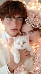 Romantic couple with cat cozy indoor setting portrait photography dreamy atmosphere close-up love and companionship