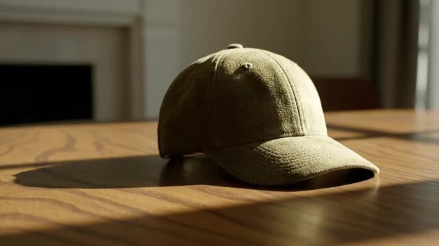 A classic, textured baseball cap, rendered in a muted olive tone, rests idly on a polished wooden table. Soft, natural sunlight streams into the frame, casting intriguing shadows and accentuating the 