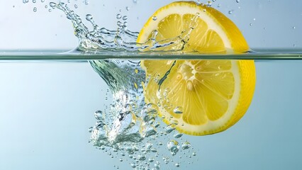 A vibrant yellow lemon half splashes into clear water, creating dynamic ripples and bubbles against a light blue background.