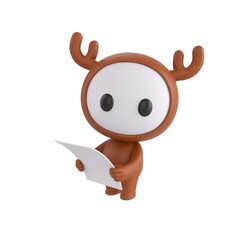 Fototapeta premium Cute 3D render Little Deer Monster character standing and holding a sheet of paper, looking up toward the camera with an attentive and thoughtful expression, isolated on white background.