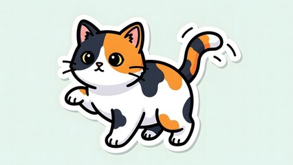 Cute cartoon calico cat sticker with black, orange, and white fur, waving paw playfully.