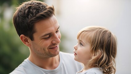 Fototapeta premium A happy young father lovingly looks at his sweet little child, holding him in his arms outdoors; a concept of family bonds, parenthood and childhood, a tender moment.