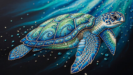 Vibrant Embroidered Sea Turtle Artwork in Deep Blue Ocean. Intricate Textile Art with Shimmering Details.