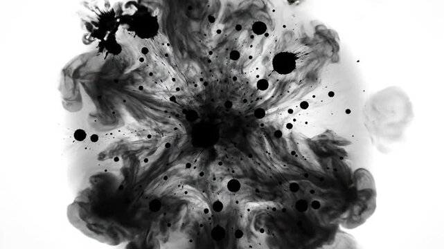 Swirling black ink bloom against a white background, creating an abstract, dynamic shape