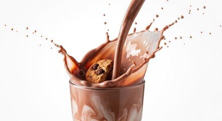 Chocolate milk splashing with cookie inside glass cup