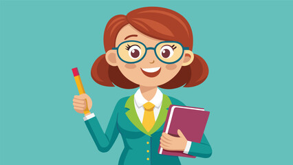 A cartoon woman dressed in a suit, holding a book and pencil, exuding a professional and cheerful demeanor