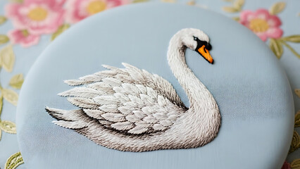Exquisite hand-stitched swan design on pastel blue textile with blurred floral accents