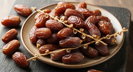 Delicious dates on a plate with stems on wooden table
