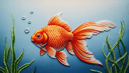 Beautifully embroidered goldfish swimming gracefully in an aquatic textile art scene with plants and bubbles