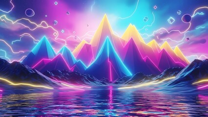 A surreal neon mountain range reflects in a calm body of water under a vibrant, glowing sky.