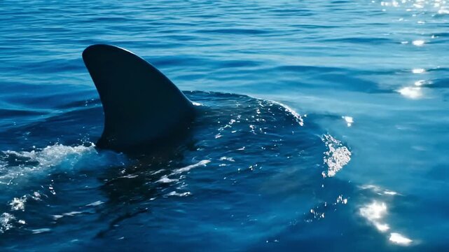 Great white shark fin against deep blue ocean background.