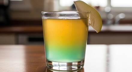 Vibrant layered cocktail with green to yellow gradient and lemon slice