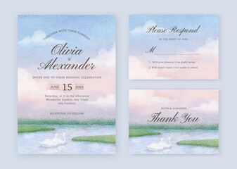 Watercolor lake view wedding invitation with swans. Set of wedding invitation template with watercolor landscape.