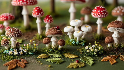 Whimsical Embroidered Mushroom Forest  Detailed Textile Art Scene with Fungi, Leaves & Tiny Ladybug.