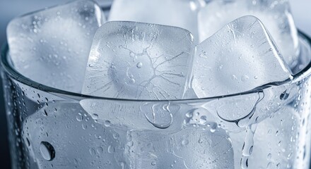 Refreshing ice cubes in a clear glass with water droplets