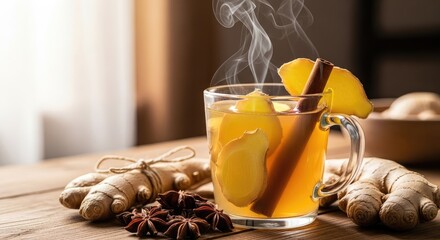 Steaming ginger tea with cinnamon and lemon on wooden table