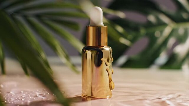 A luxurious golden dropper bottle is elegantly positioned amidst dynamic water splashes and glistening droplets, set against a serene, out-of-focus background of lush green foliage. This visually appe