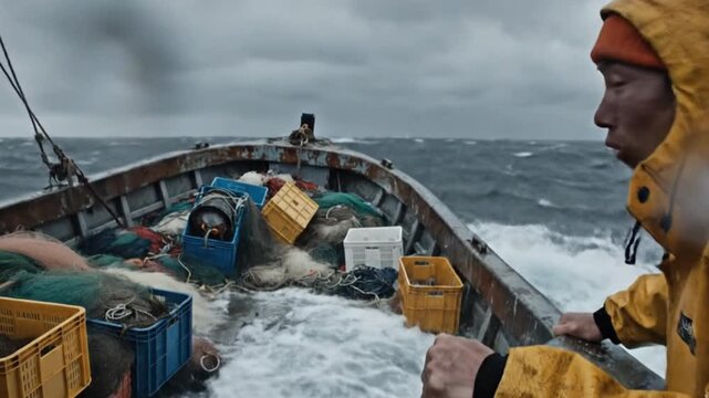 A lone individual wearing a vibrant yellow rain jacket and an orange beanie struggles against the overwhelming force of a powerful ocean storm from the deck of a boat. Massive, turbulent waves crash v