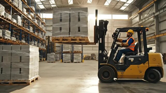 Warehouse worker operating forklift transporting packaged goods indoors