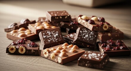 Assorted gourmet chocolate pieces with nuts and dried fruits on wooden table