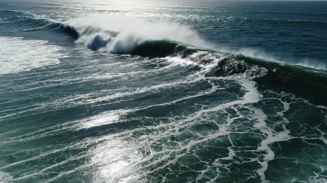 A mesmerizing aerial perspective captures the immense power and serene beauty of a large ocean wave breaking with dramatic force. The deep blue-green water surges forward, culminating in a wall of foa