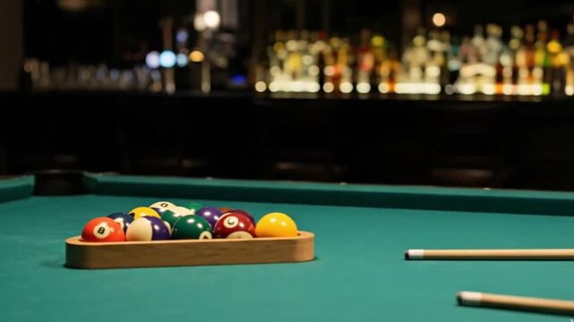 A perfectly set billiard table, complete with a triangular rack of colorful pool balls and two cue sticks, dominates the foreground, inviting viewers to an evening of casual competition. The rich gree