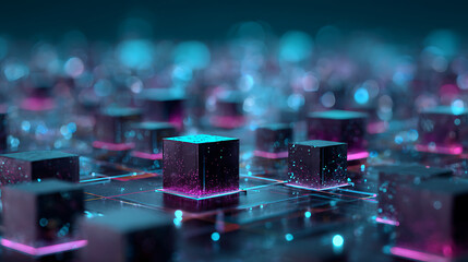 Futuristic cubes with neon lights in a digital landscape