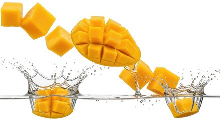Mango cubes falling into water with splashes and ripples