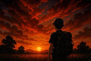 Traveler Standing Alone Facing Dramatic Sunset Sky