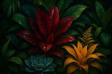 Colorful Tropical Leaves and Plants on Dark Background