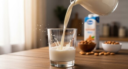Almond milk being poured into a glass on a wooden table