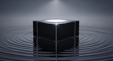 Shiny black cube floating on calm water with spotlight