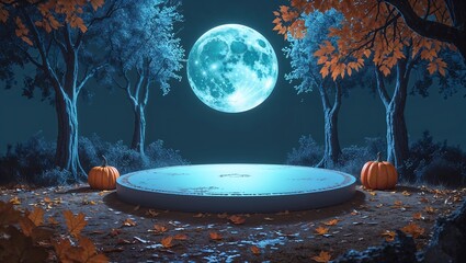 A spooky halloween scene with pumpkins on a stage under a full moon