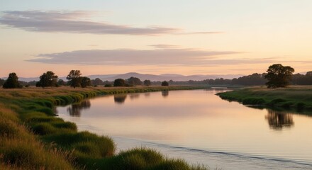 Serene river landscape at sunset with calm water and lush greenery