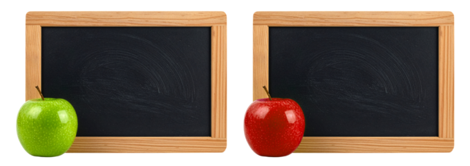 green and red apple with blank blackboard isolated on white background