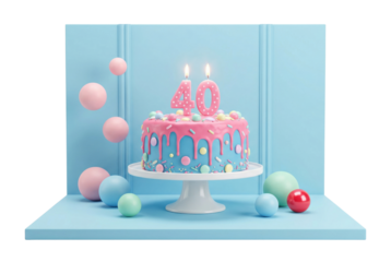 Pink and Blue Drip Birthday Cake with 40 Candles on Pedestal Mockup