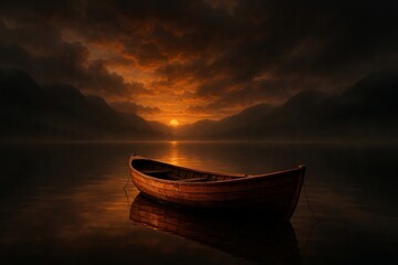 Lonely Wooden Boat on Calm Lake at Dramatic Sunset