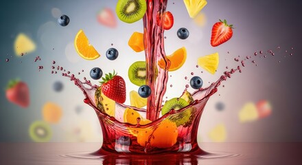 Vibrant fruit splash with juice and fresh produce in motion