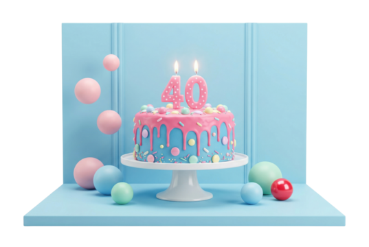 Pink and Blue Drip Birthday Cake with 40 Candles on Pedestal Mockup - Powered by Adobe