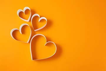 Four white paper hearts are artfully arranged on a vibrant orange background symbolizing love