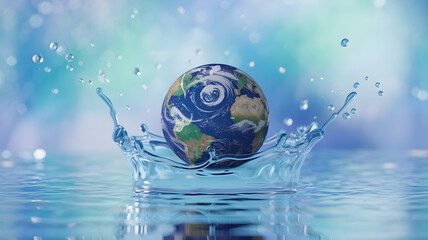 Earth symbolically embraced by water splash conveying global harmony