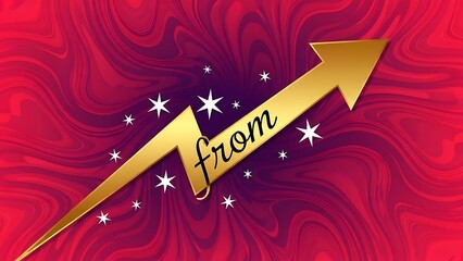 Golden arrow pointing upwards with the word from written on it against a swirling magenta background
