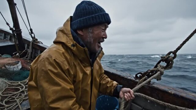 A resilient individual, dressed in a protective yellow waterproof jacket and a dark blue beanie, navigates the rough, choppy waters on a traditional working boat. The overcast sky and strong waves fra