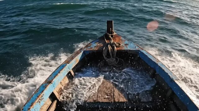 A rugged wooden boat, painted with blue accents, bravely navigates through a tumultuous sea, with powerful waves crashing against its bow. Dynamic splashes of white foam erupt upwards as the vessel pu